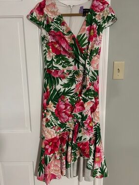 Tadashi Shoji Pink & Green Floral Asymmetrical Dress. Bright & gorgeous